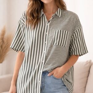Jane and Delancey Olive and White Striped Blouse